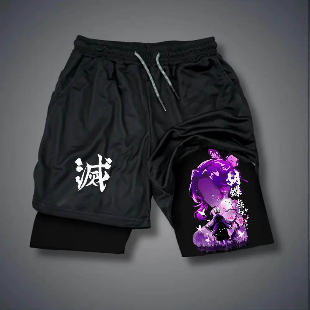Demon Slayer Kochou Shinobu Graphic Jorts, 80s-90s Inspired Double-Layer Sports Shorts, Comfortable Men's Summer Bottoms
