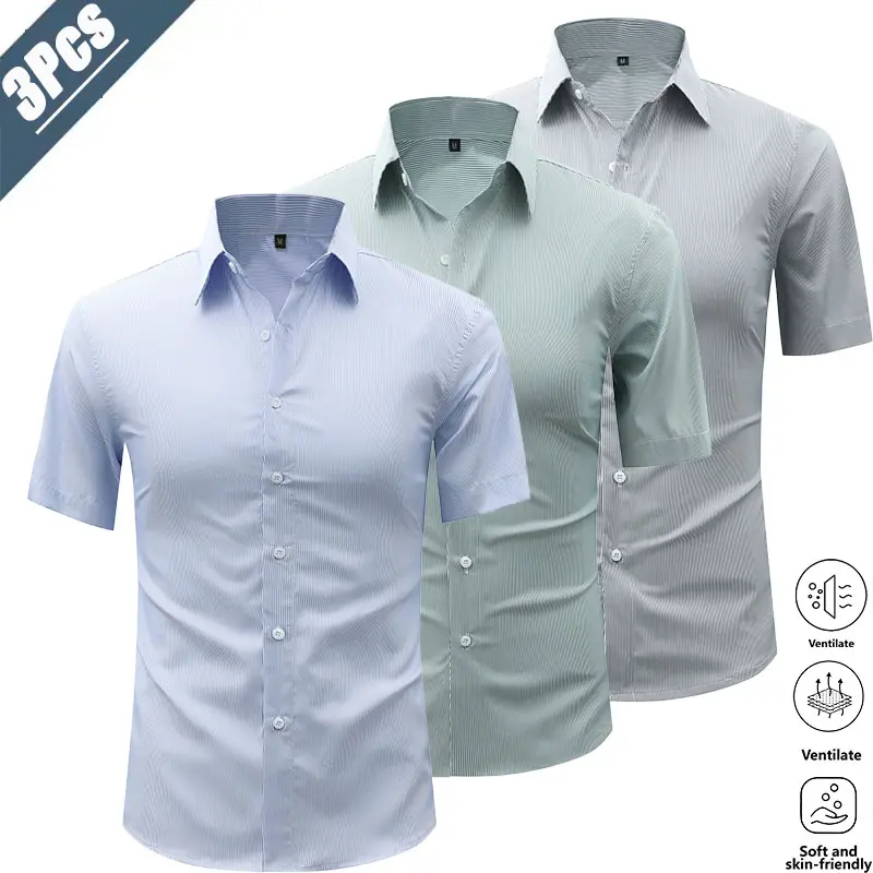 3-pack summer essential men’s classic striped short-sleeve shirts—ideal for everyday, business casual styles. Soft, skin-friendly, breathable fabric that stays cool without trapping sweat. Classic notched collar design is simple yet sophisticated, featuri