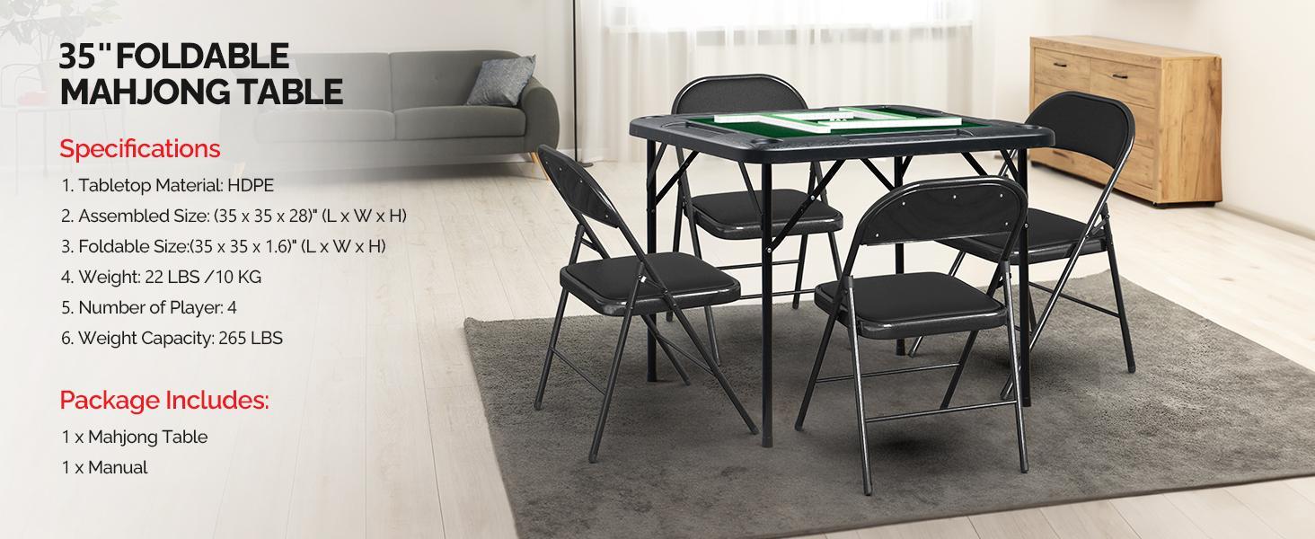 PEXMOR 39.5" Foldable Mahjong Table, Square 4 Player Card Game Table w/Cup Holders & Chip Grooves, Portable Folding Poker Domino Board Game Table for Blackjack, Texas Hold'em, Jigsaw Puzzles Game