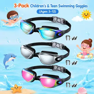 3-Pack Swim Goggles for Kids 3-12 Anti-Fog Anti-UV Comfort Fit Goggles for Swimming, Wide View Outdoor Indoor Swimming Pool