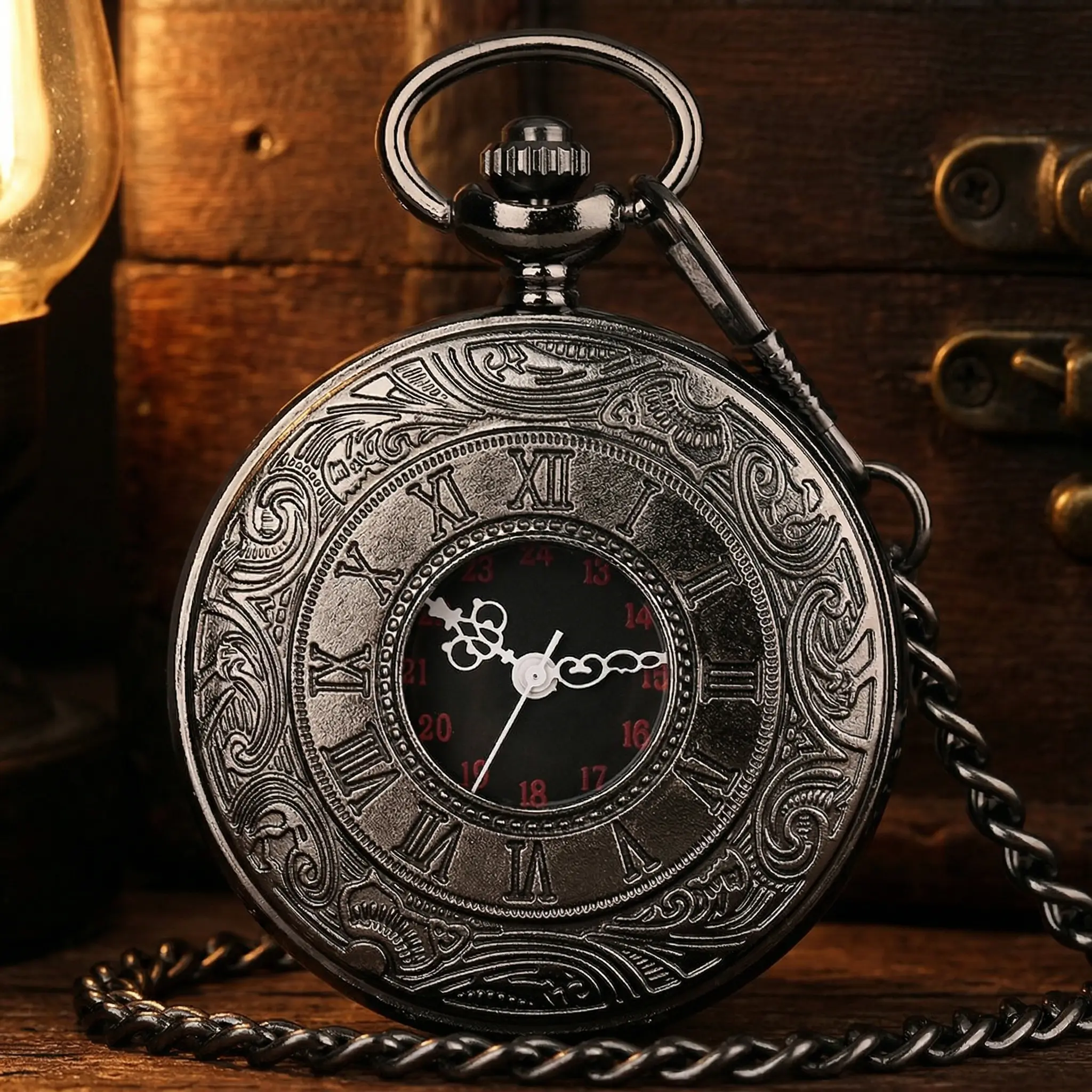 Vintage Steampunk Pocket Watch with Chain - Engraved Black Metal Craft, Roman Numerals, Steampunk Vibe Elevates Retro Outfits, Gift Ideas for Men