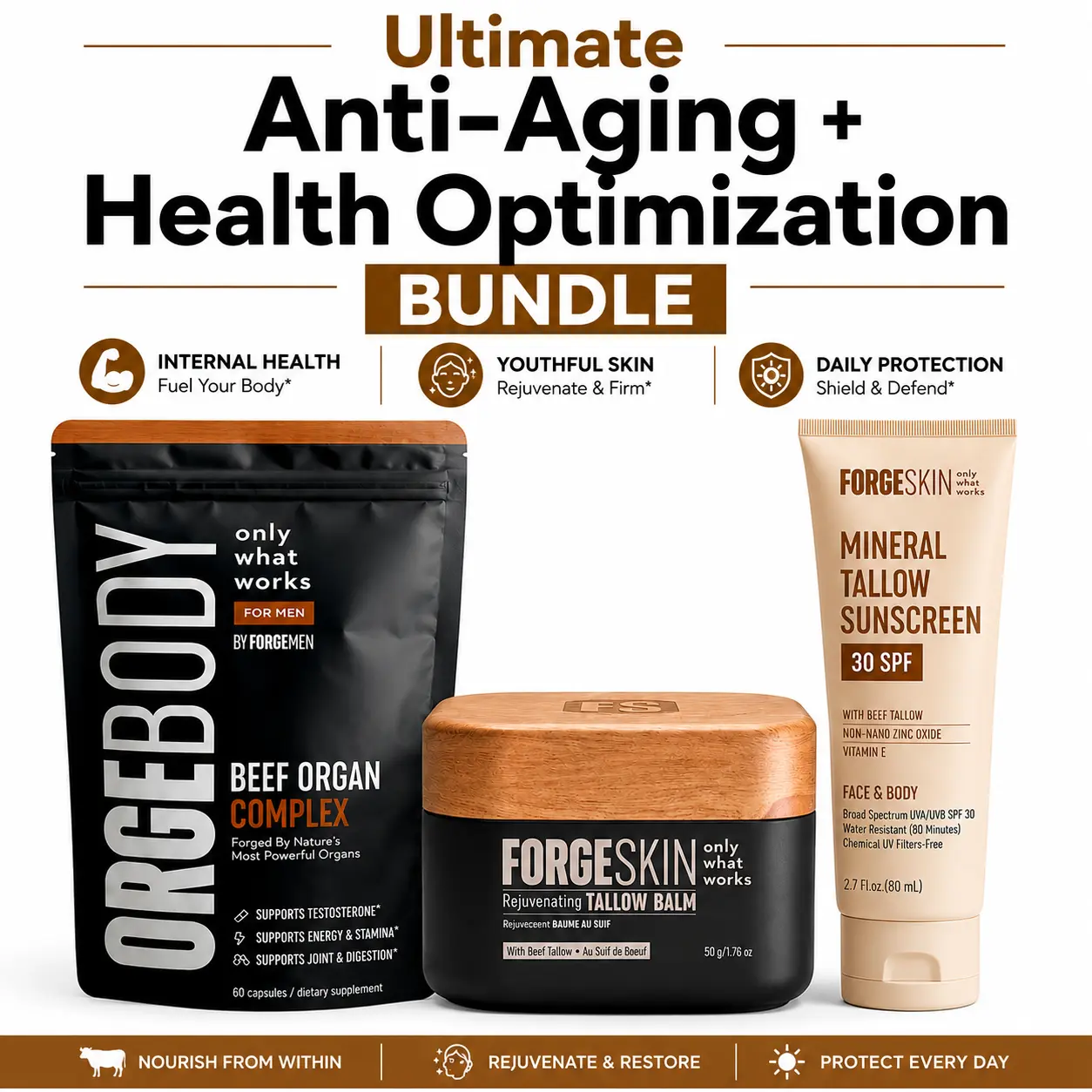 Beef Tallow Anti-Aging + Beef Organ Health Optimization Bundle : Forge Skin Wrinkle Defense Beef Tallow Balm Moisturizer + FORGEBODY Beef Organ Complex Capsules Supplement for Body & Brain Function + Mineral Tallow Non Nano Zinc Oxide Sunscreen SPF 30