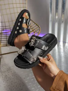 Women's Gothic Studded Double Buckle Slide Sandals, Metal Bat Decor, Punk Open Toe, Non-Slip Comfortable Footwear for Daily Wear