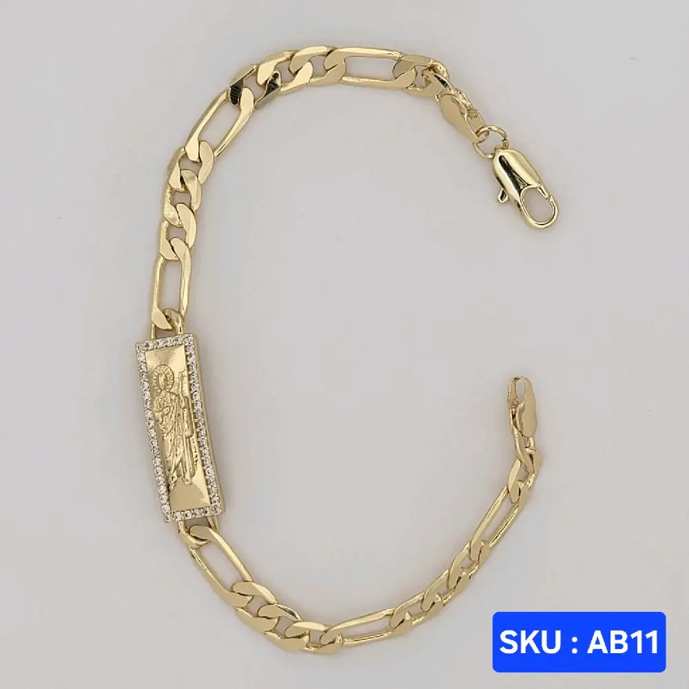 Saint Jude Bracelet 8 inches Long (San Judas), San jude Plate with Clear Stones 9mm wide 35mm long, Chain Figaro link 6mm wide plain  Laminated Gold jewerly SKU : AB11