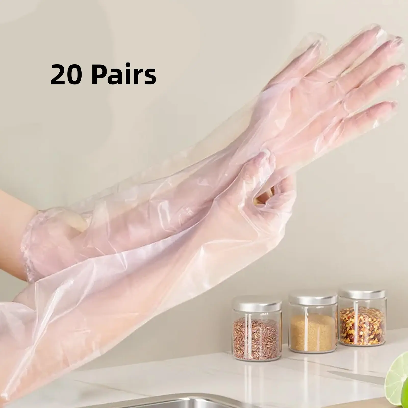 20-Pack Extra Long 60cm CPE Disposable Gloves, Extra Thick, Waterproof, Food Grade, Latex-Free, Oil-Resistant, Full Arm Protection, Ideal for Kitchen, Cleaning & Outdoor Work, Home Care Essentials, 20 Packs