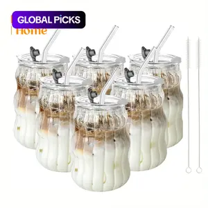 Glass Cup with Straw & Lid, 4/6 Counts Glass Cup Set Portable Clear Ripple Glass Cup with Cleaning Brush, Summer Cool Bottle Drinking Cup for Coffee, Latte, Water, Macha, Juice, Ribbed Glass Cup #TOP PICKS