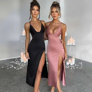 Spaghetti Strap Party Dress | Deep V-Neck Backless Split Satin Dress | Elegant Club & Evening Wear  | Elegant Party Dress