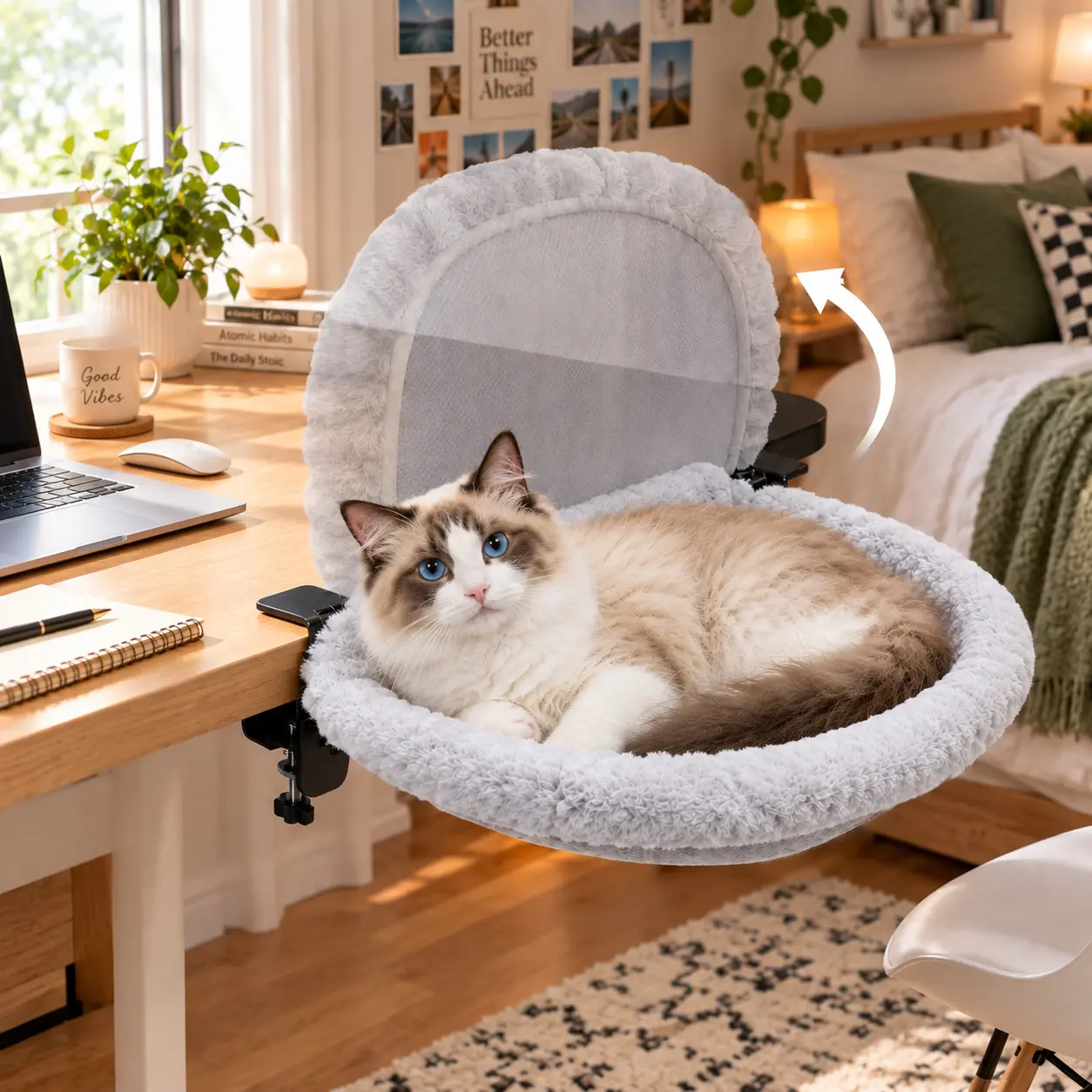 Foldable Cat Desk Bed - 17x15 In Spacious Elevated Cat Perch, 90° Foldable Design, Dual-Clamp Hammock with Cozy Warmth Soft Faux Fur, Removable Washable Cover, Holds Up to 40 lbs for Home Office Desks, Foldable Bed