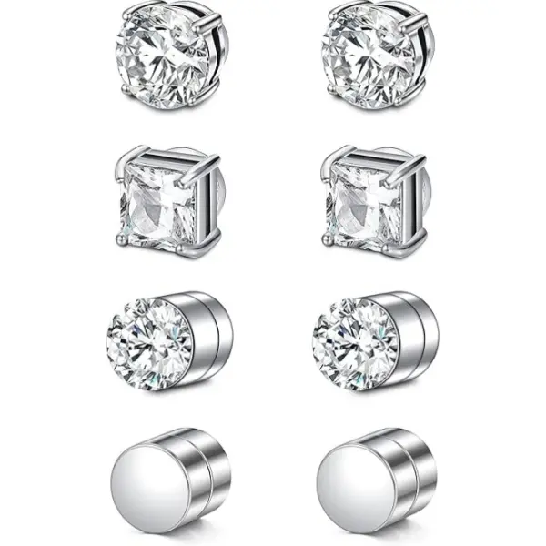 Women's 4 PCS High Quality Earrings Studs - Stainless Steel Studs, Sparkling Fake Cubic Zirconia Ear Jewelry, Fake Piercing Style Accessory, Sparkling Ear Jewelry, No Piercing, Fine Studs