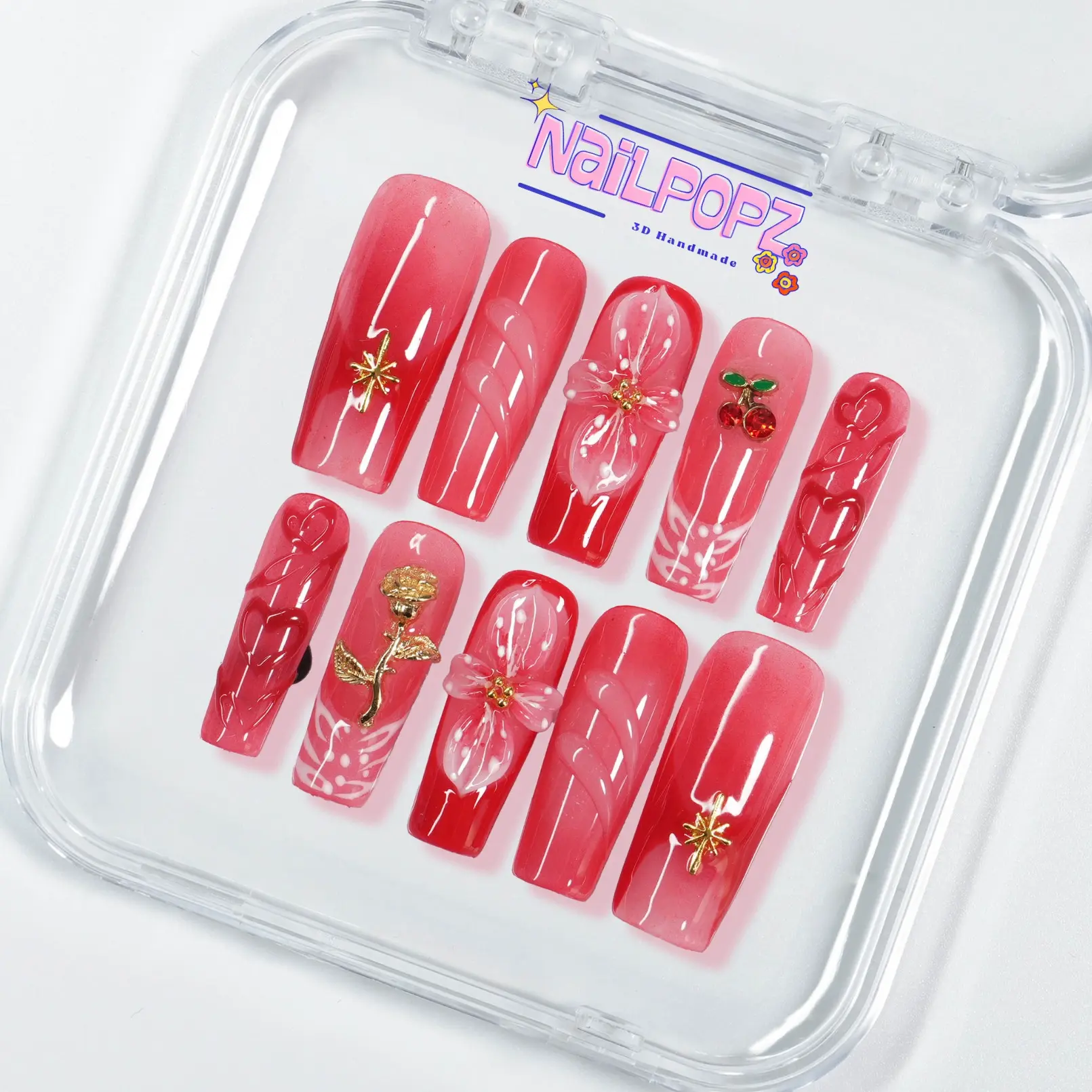 NailPopz SCARLET BLOOM - 100% Handmade 3D Press-On Nails | Durable, Reusable, and Salon-Grade Finish