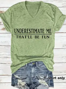 Women's V Neck Short Sleeve T-Shirt Underest Print, Casual Loose Fit Everyday Summer Top, Comfortable Breathable Fabric S-Xxl