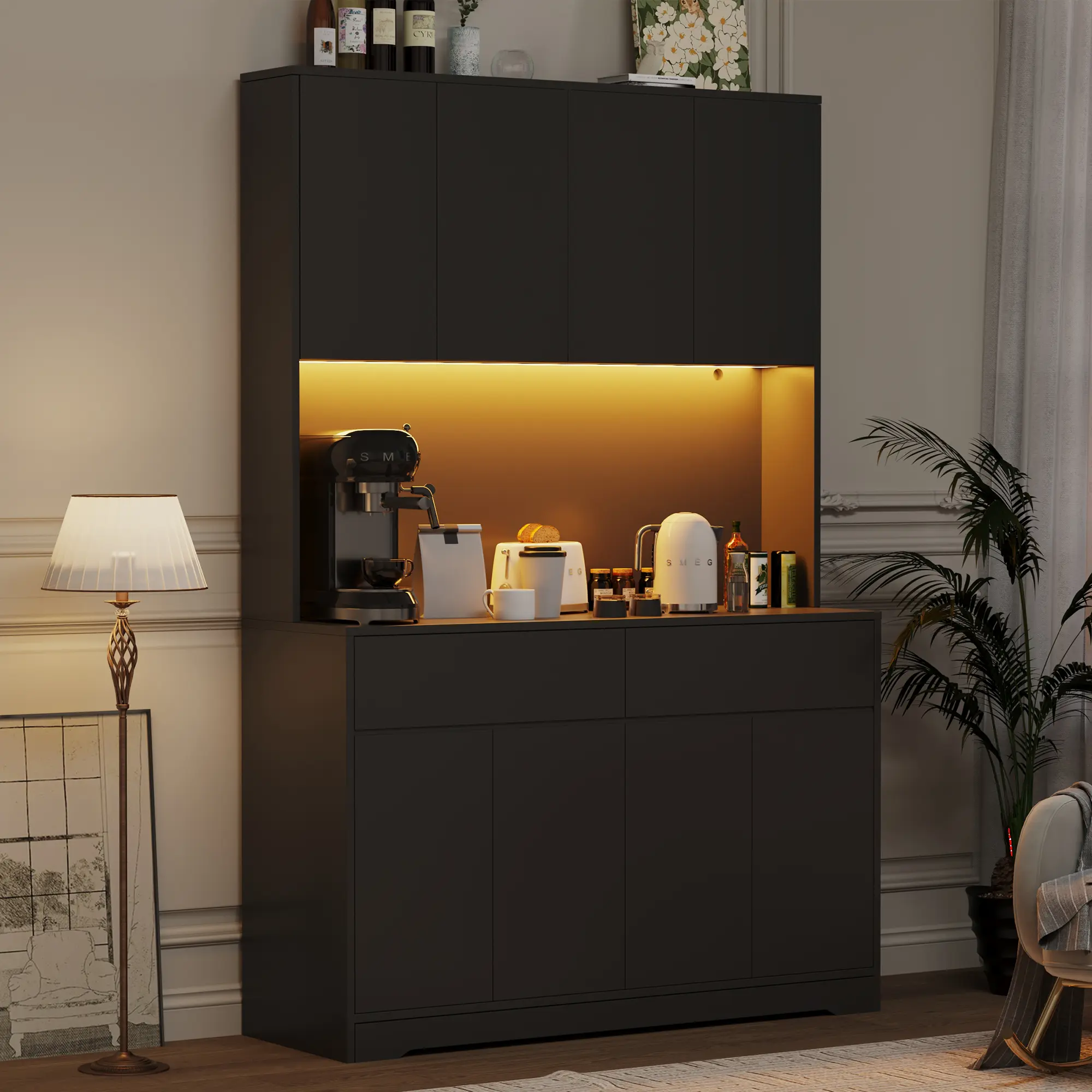 71" Tall Storage Cabinet w/Power Outlet and Led Light, Large Kitchen Hutch Pantry Cabinet w/ 2 Drawer and 8 Doors,Modern Freestanding Buffet Cabinet for Kitchen,Dining Room (Black/White)