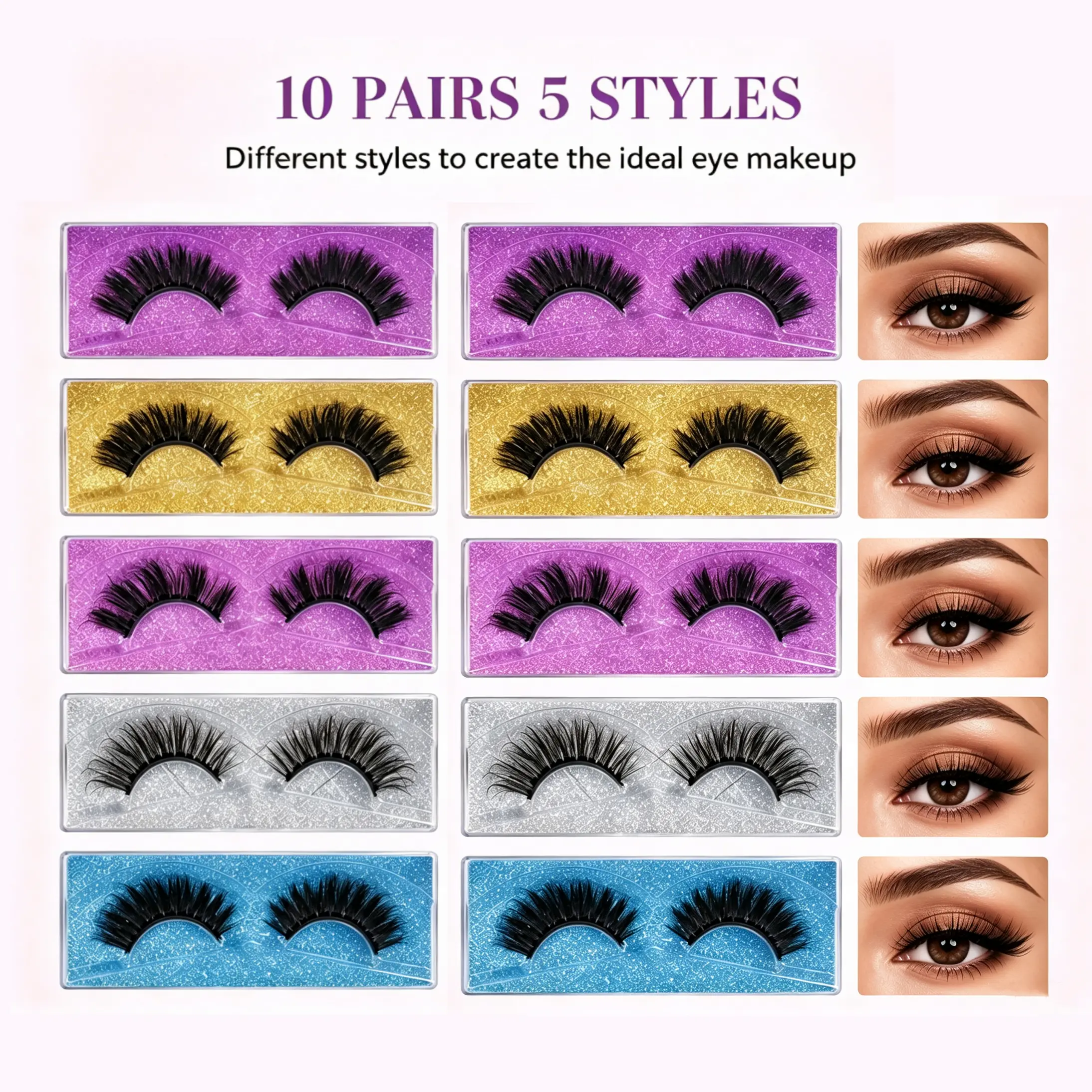 False Eyelashes 10 Pairs Full Strip 5 Styles Light Fluffy Fox Fur Natural Voluminous Look for Daily Makeup Wedding