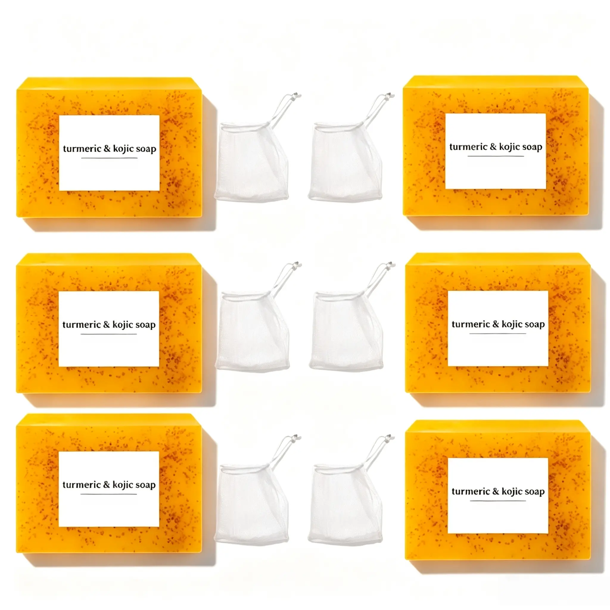 Lemon Turmeric & Kojic Acid Soap Bar Set with Soap Saver Bags, Body Care Foam Cleanser with Hyaluronic Acid, Gentle Moisture-Rich Smooth Face & Body Wash for Acne-Prone Skin Dark Spot Reducer, Cleansing, Turmeric Bar Soap