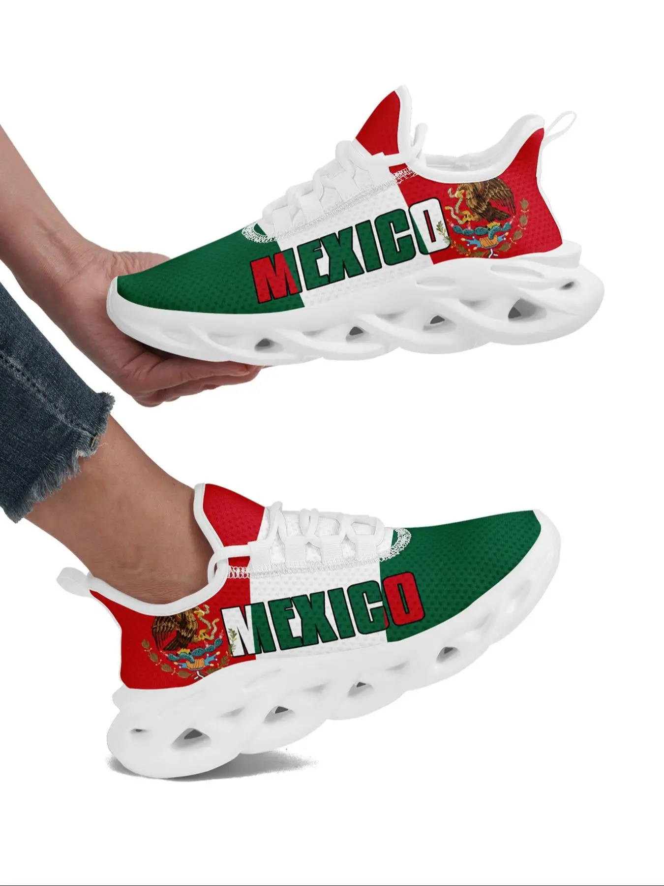 Women's Mexico Flag Print Lace Up Front Sneakers, Casual Comfortable Sports Running Shoes, Female All-match Round Toe Shoes for Daily Wear, Sporty Running Shoes, Breathable Runner Flat, Fashionable Running Shoes