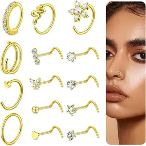 Bautidots 14 count Nose Studs 20G 18G Nose Rings Stainless Steel Nose Hoop CZ L S Shaped Nose  Nostril   for Women Men