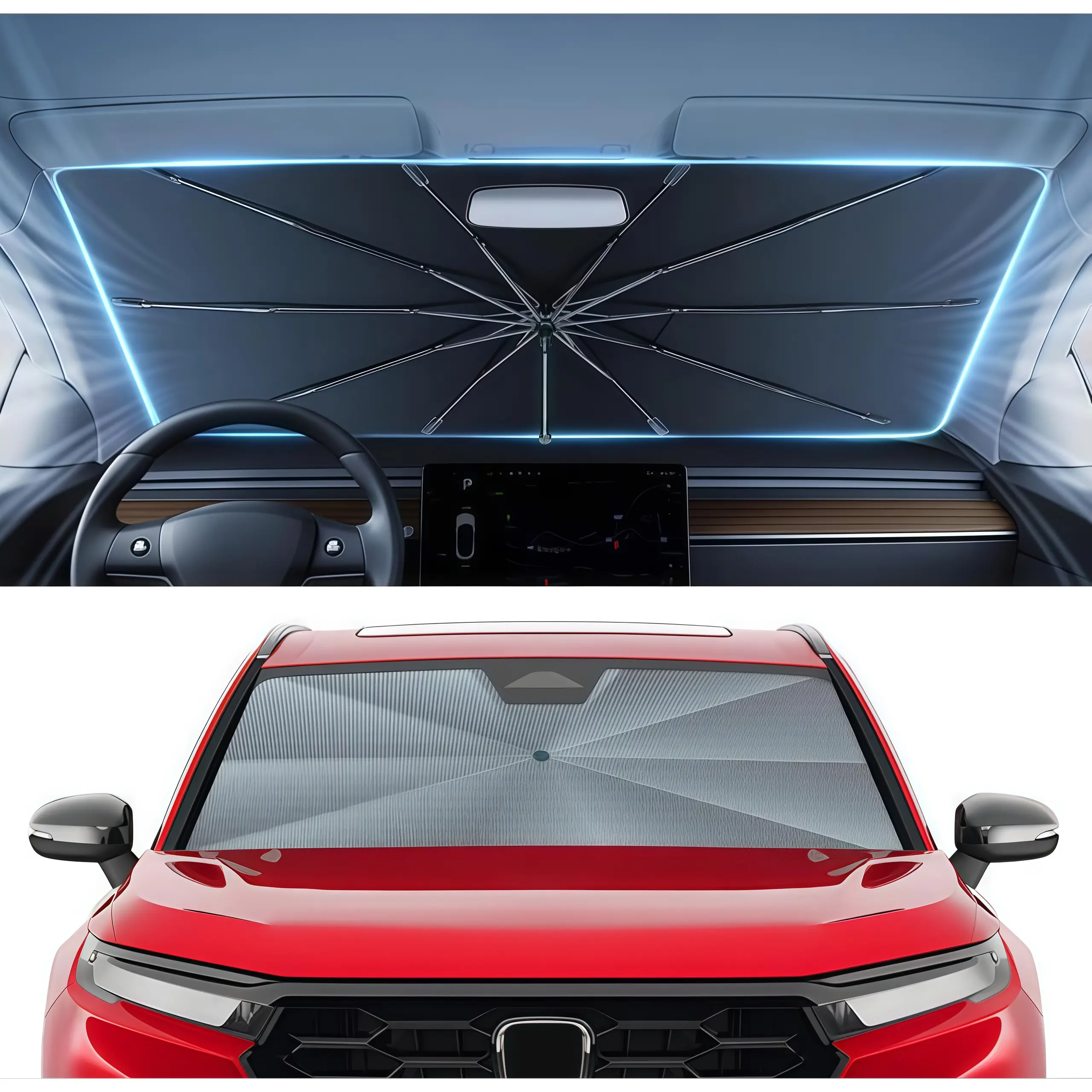 Foldable Car Windshield Sun Shade 55"x31.5", Reflective Front Window Umbrella Cover, UV Heat Blocker for Sedan, SUV, Truck