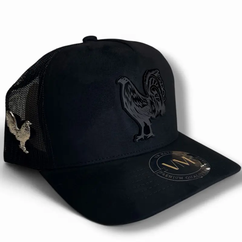 Men's Black Rooster SnapBack Trucker Suede Hat with Silver Pin, Casual Hats