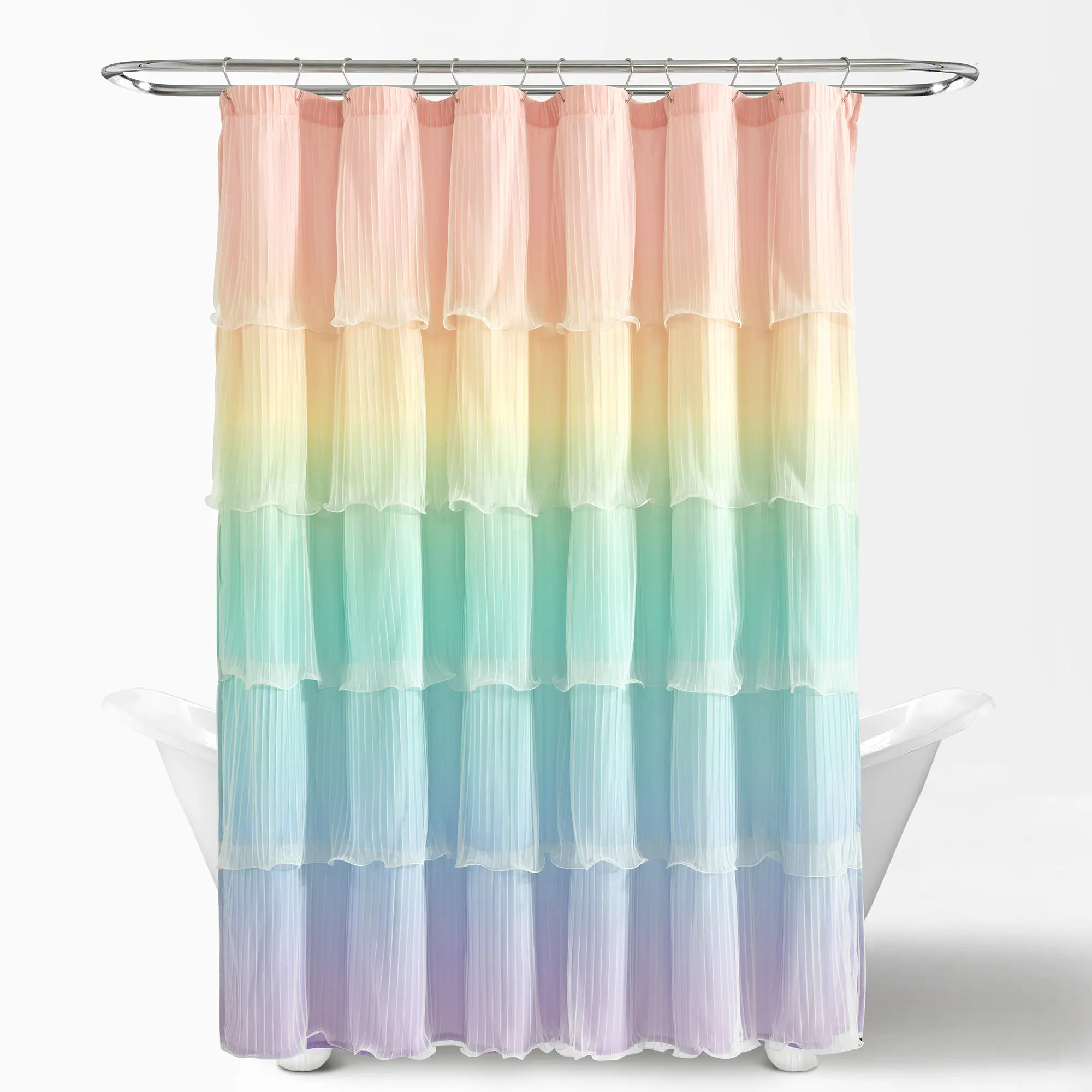Lush Decor Rainbow Ombre Nerina Ruffled Fabric Aesthetic Shower Curtain, 72x72in, Pastel Gradient for Bathroom Decor