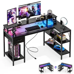 L Shaped Gaming Desk,LED & 6 Outlet Charging Station,Double Layer Computer Desk With Monitor Stand And CPU Rack