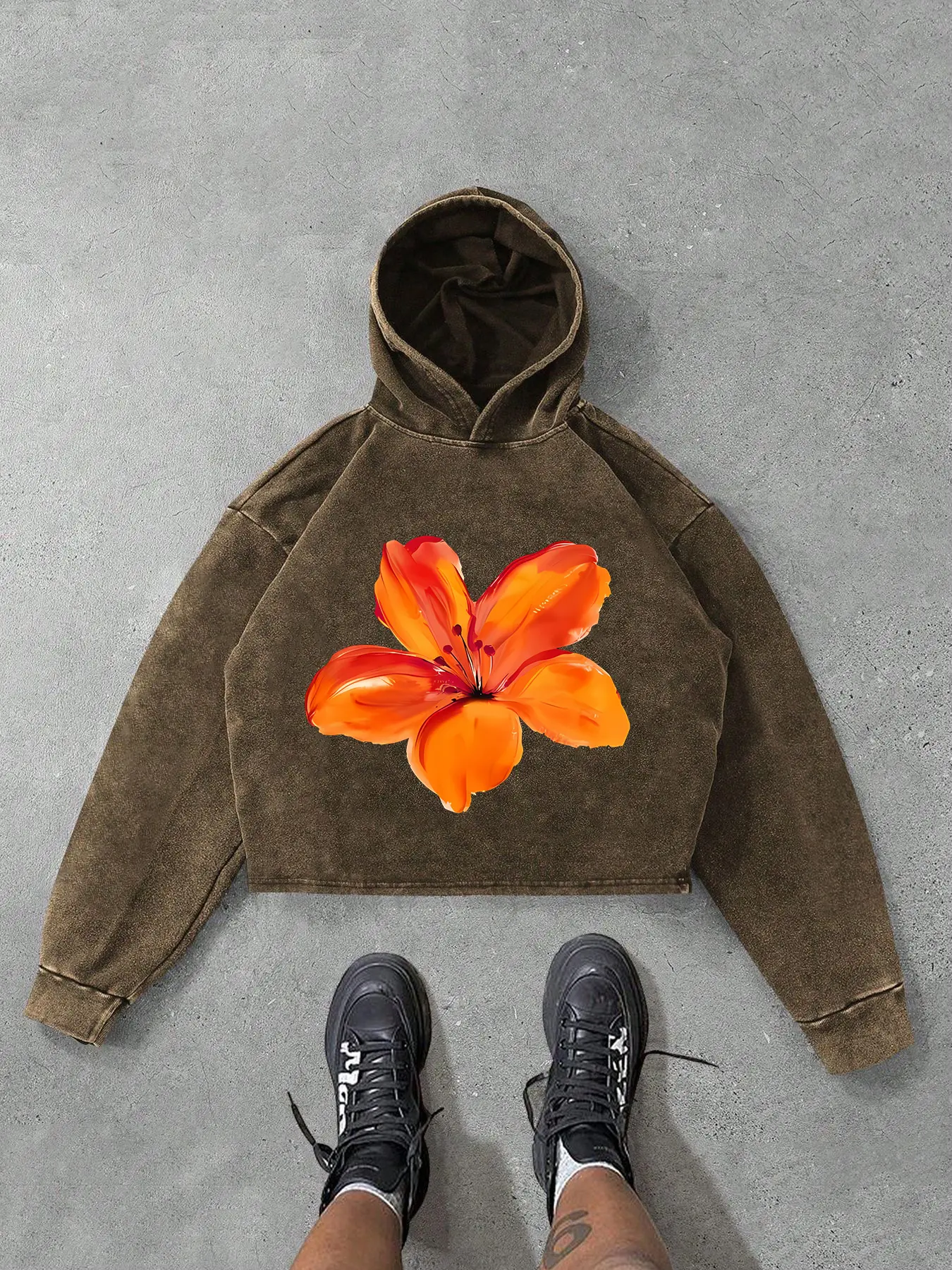 Fashion Trend Men's Large Floral Print Portrait Street Casual Style Knit Hoodie Sweatshirts Flower Hoodies