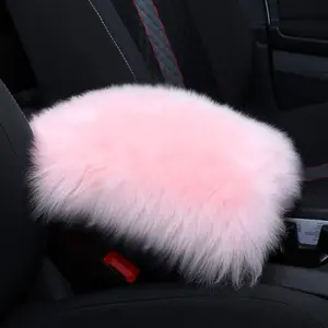 Furry Armrest Cover Auto Center Console Cover Car Soft Console Pad, Real Sheepskin Wool Soft Fluffy Auto Center Armrest Pad for Most Car Decoration Protector(Light Pink)