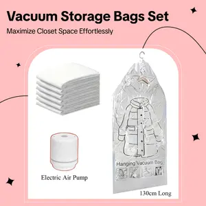 6 Pack Hanging Vacuum Storage Sealer Clothes Bags Space Saving for Clothes Suits And Jackets Closet Organizer Bags Travel 8pcs Set 4 Long 4 Short White Electric Air Pump