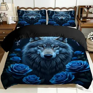 2/3 Pcs Comfortable Wolf And Blue Rose Duvet Cover Set, Soft And Breathable, 100% Polyester Fiber High-Definition Digital Printing Design, All-Season Home Gift, Machine Washable (1 Duvet Cover +1/2 Pillowcase, No Filling)