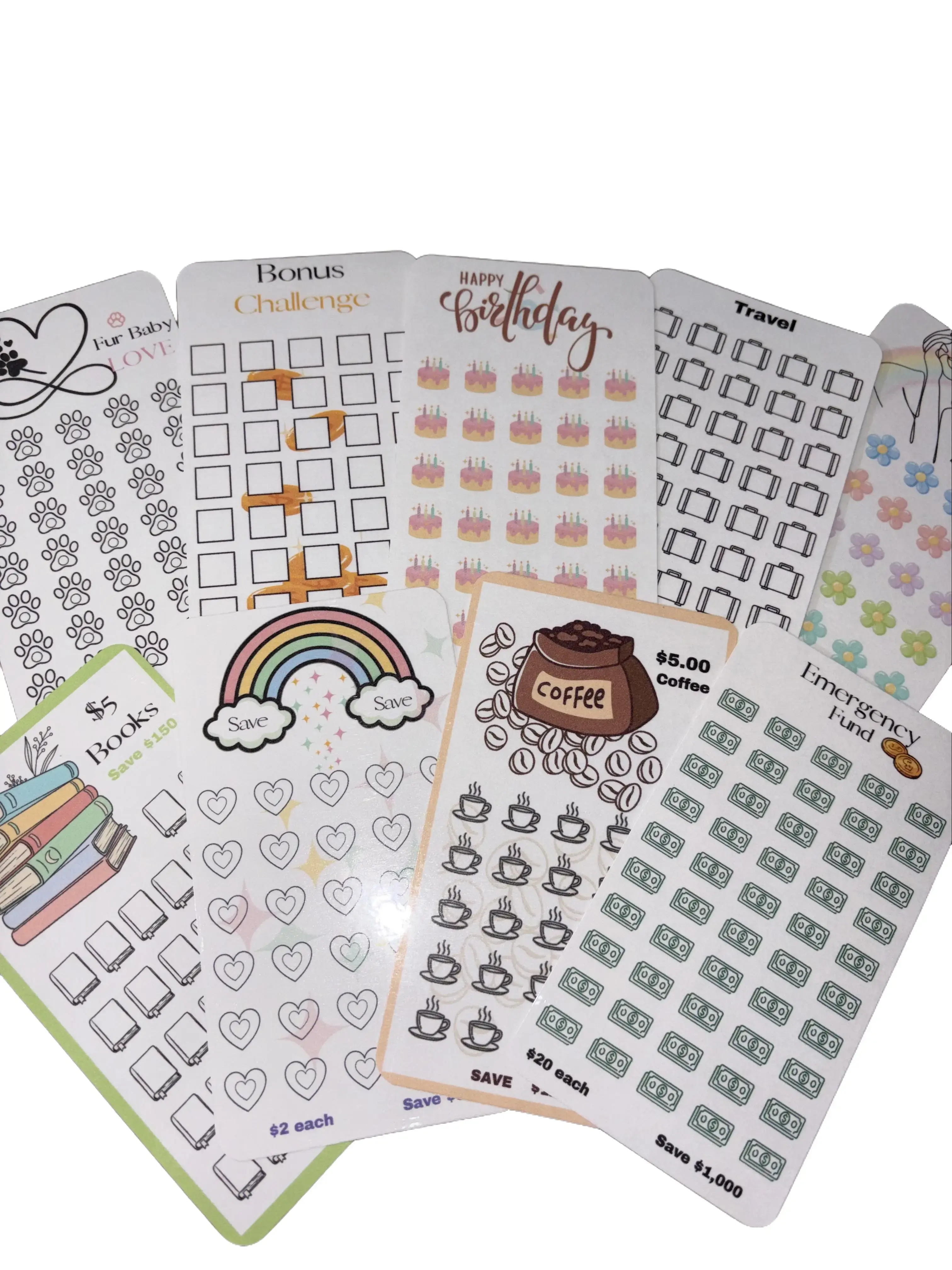 Fun Mini Savings Challenge Trackers | Coffee, Travel, Books & More | Cash Envelope Inserts | with A6 size zipper envelope