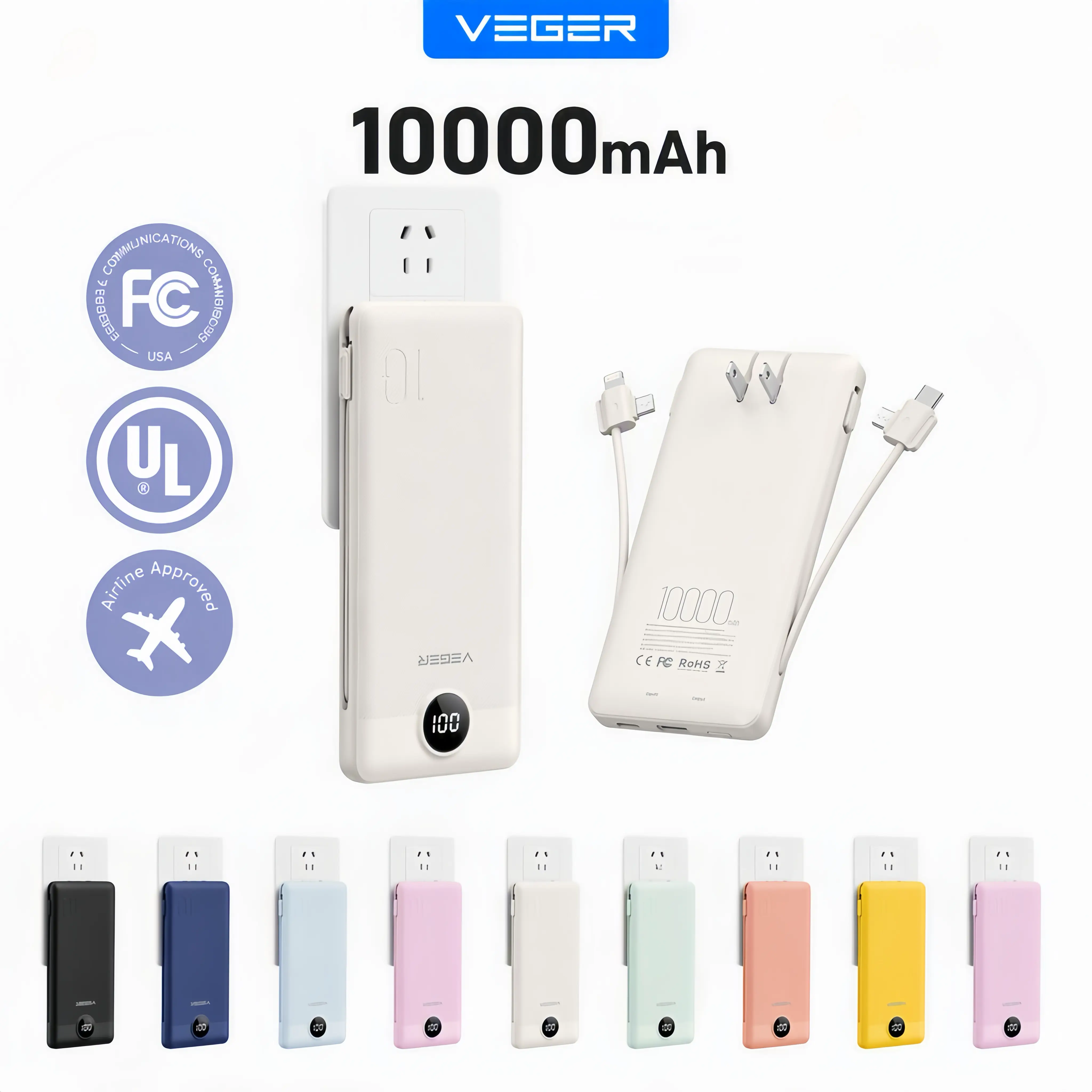 VEGER Portable Charger, with Built-in Data Cable and AC Power Plug, 10,000mAh Power Bank, Portable Phone Charger for Travel and Outdoor Use, Lightweight and Compact External Battery Pack Designed Specifically for Smartphones and Tablets