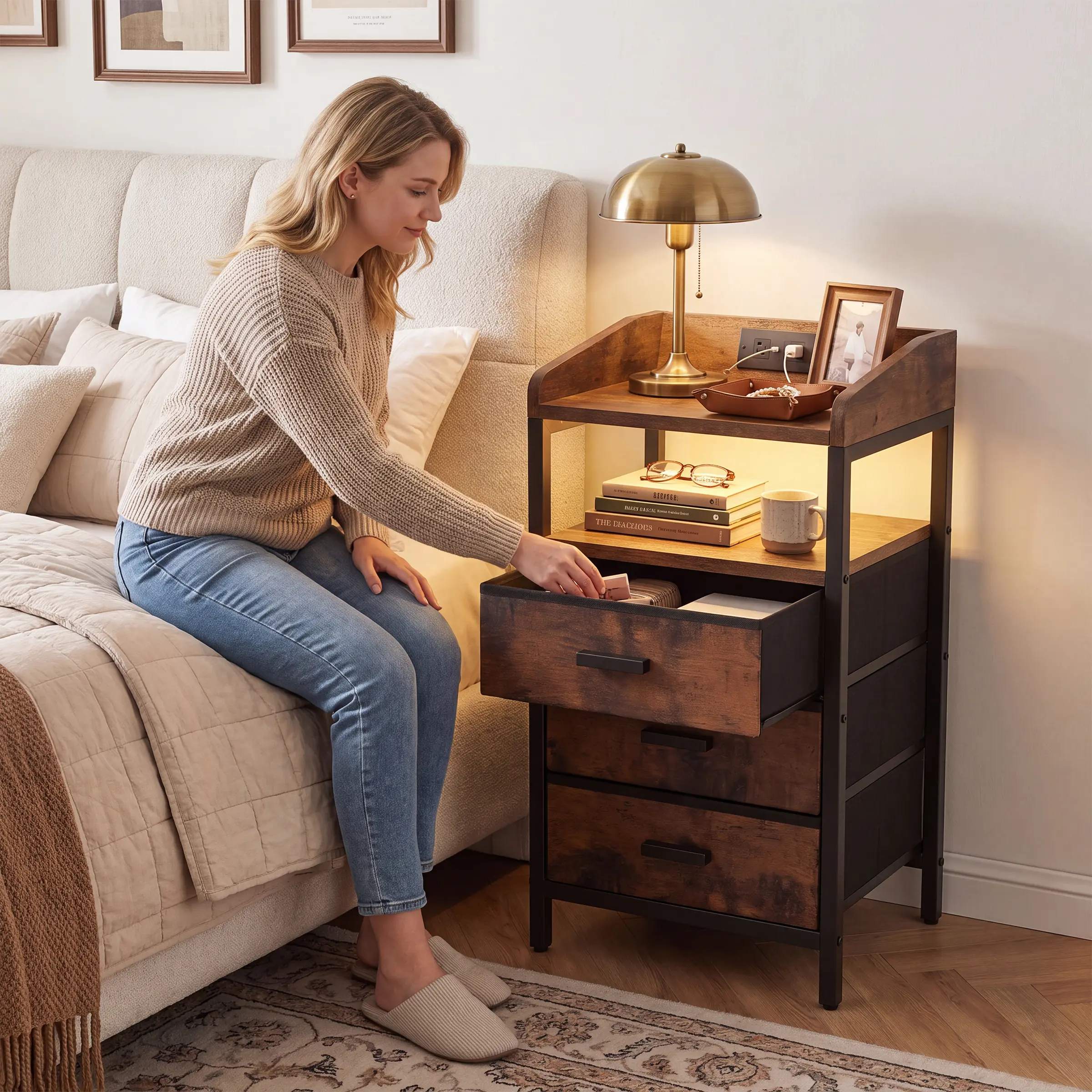 CHAIRUS Rustic Brown Nightstand with LED Light & Built-In Charging Station, Bedside End Table with 3 Fabric Storage Drawers, Integrated 2 USB Charging Ports & AC Power Outlets, Multi-Functional Bedroom Accent Side Table Home Decor