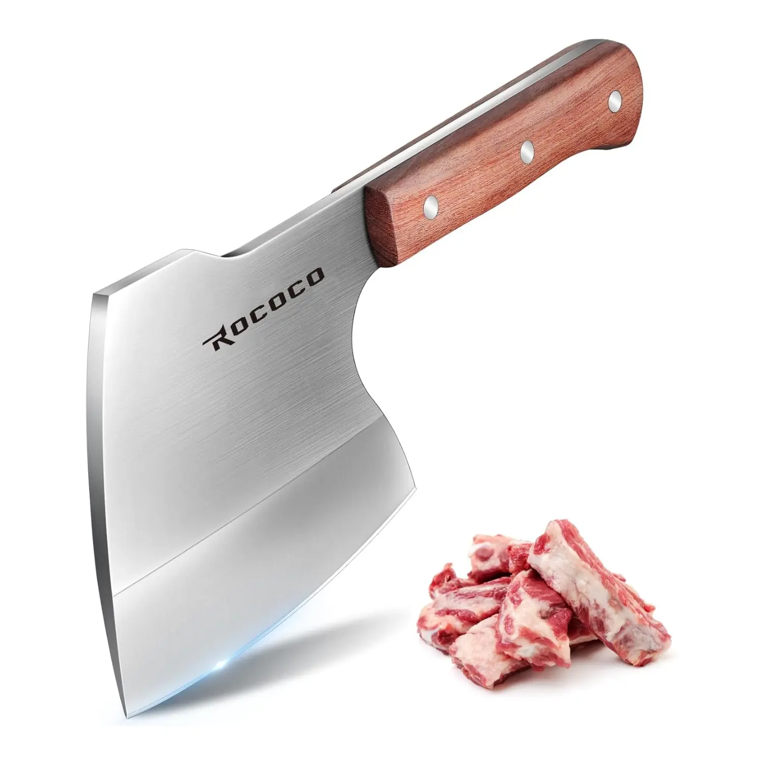 ROCOCO Hand-Forged Full Tang Meat Cleaver Knife with Sharp Blade, Heavy-Duty Butcher Chopper for Kitchen Meat Cutting, Portable with Sharpening Capability, Silver Gift for Men (Thanksgiving, Christmas)