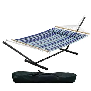 2 Person Hammock with Stand, Heavy Duty Hammock with Carrying Bag, Soft Pillow,475 lbs Capacity,Freestanding & Portable for Patio, Garden, Blue