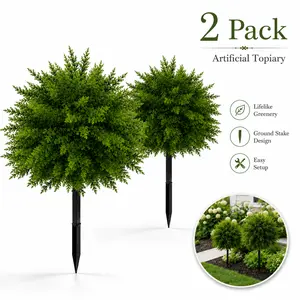 2 Pack Artificial Topiary Balls with Ground Stakes, UV-Resistant Faux Greenery Shrubs for Outdoor Patio, Front Porch, Garden, Walkway & Entryway Decor