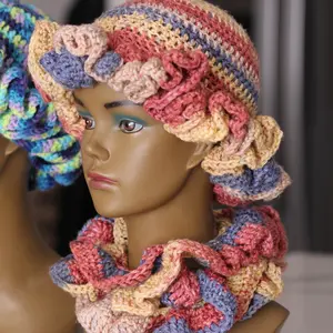 Blossom Crochet Bucket Ruffle Hat & Ruffle Scarf Ultra Soft Yarn Comfortable Fit