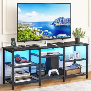 TV stand, suitable for TVs under 55inch, entertainment center with power outlets and LED lights, open storage shelves, TV media console suitable for living rooms and bedrooms, black