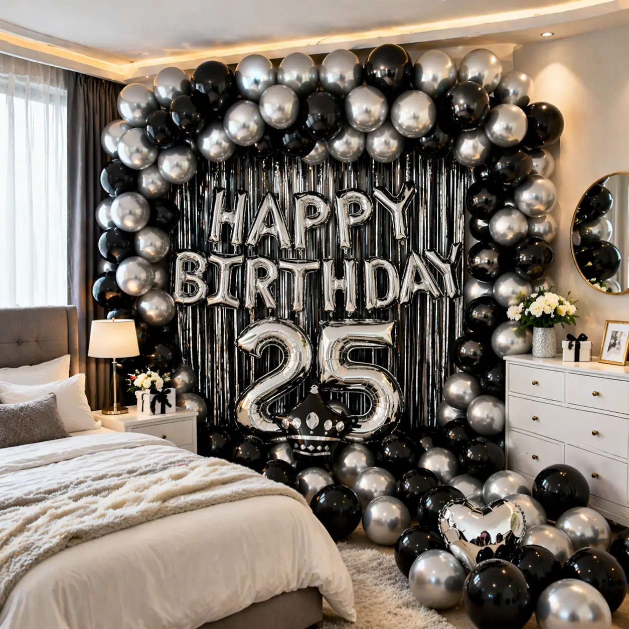 Black Silver Birthday Balloon Decoration Set, Happy Birthday Foil Letter Banner with Custom Number Balloons, Heart Foil Balloons, Rose Petals & Latex Balloons for Room Party Backdrop Decor