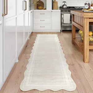 2 x 6 ft Polyester Beige Rectangular Machine Washable Geometric Bordered Laundry Bathroom Kitchen Machine Washable Runner Rug