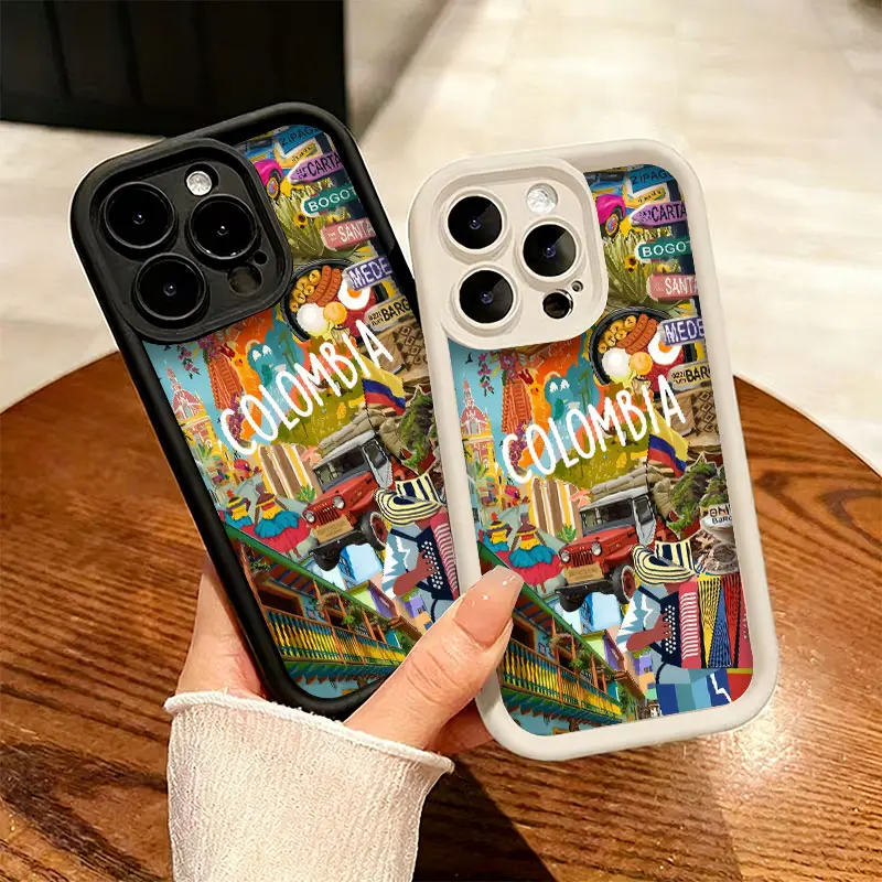 Two CasePop phone cases showing the colorful Colombia Travel Collage design