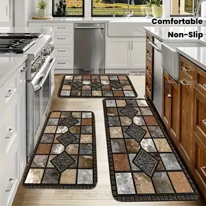 2D flat brown kitchen floor mat, retro plaid long carpet, quick drying, machine washing, soft and comfortable, suitable for kitchen, laundry, bathroom, corridor, home decoration carpet, Decorative Rug Mat, Absorbent Rug