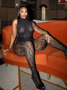 Lace Pattern Mesh Bodysuit, High Neck Sleeveless Sheer Net Gown, Women's Nightclub and Evening, Lingerie Style