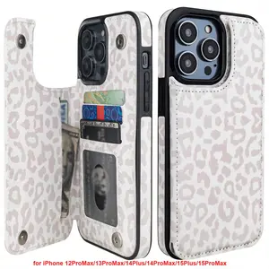 Phone Case Wallet with Card Holder and Kickstand for iPhone 12/13/14/15/15 Pro Max - White Leopard Back Flip Folio PU Leather Cover with Double Magnetic Clasp - Smartphone, Accessories