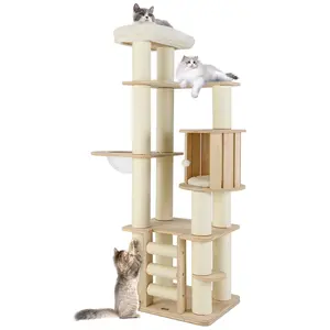 COSTWAY - 71 Inch Tall Cat Tree Wooden Cat Tower with Cozy Perch Condo Space Capsule-Natural