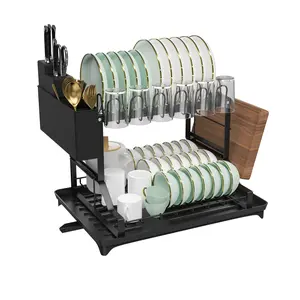 Kitchen desktop double-layer multifunctional storage drain rack with large capacity dishwashing rack, double-layer design with drainage board