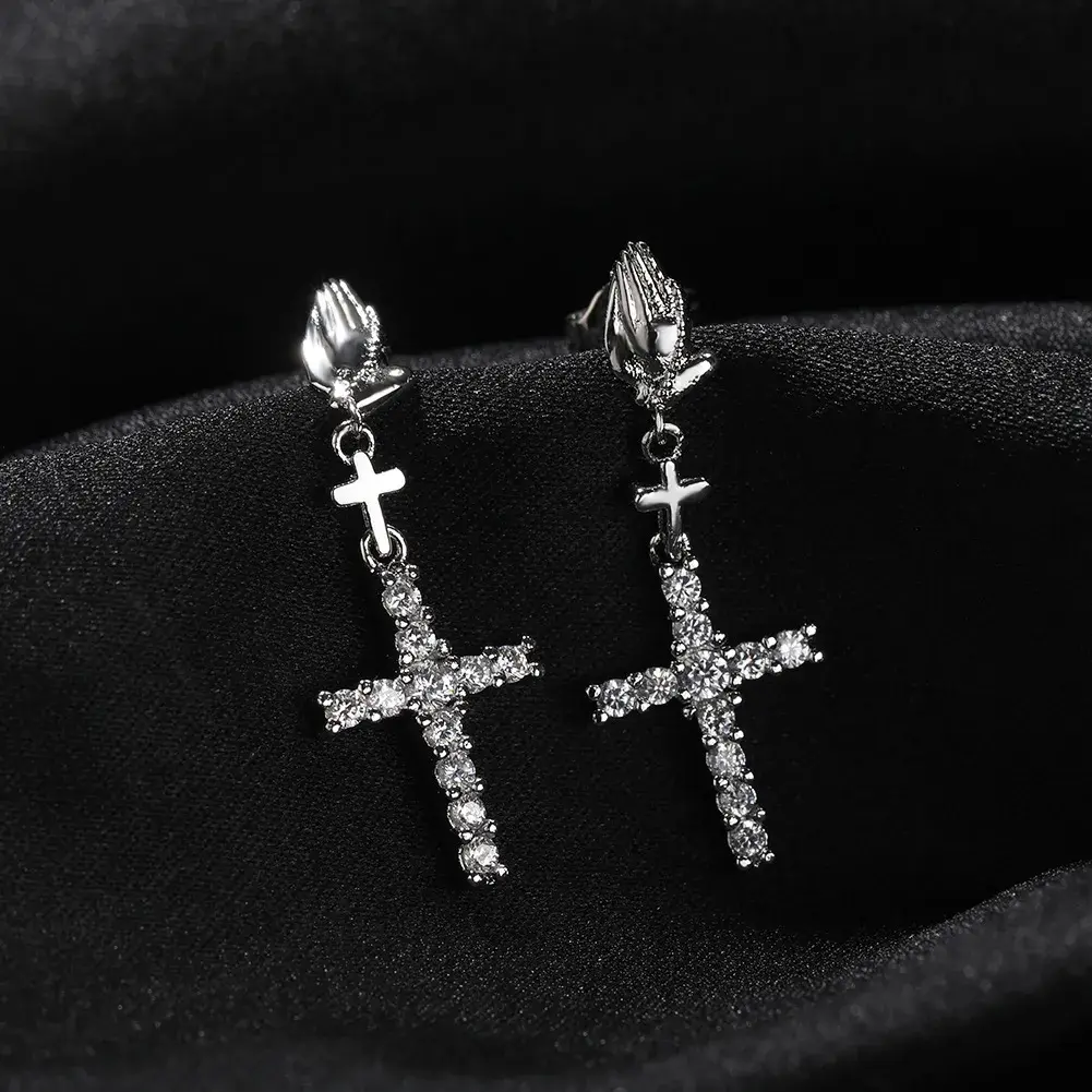 Cross Hoop Dangle Earrings Silver/Gold Plated Cubic Zirconia Cross Dangle Drop Earrings for Men Women
