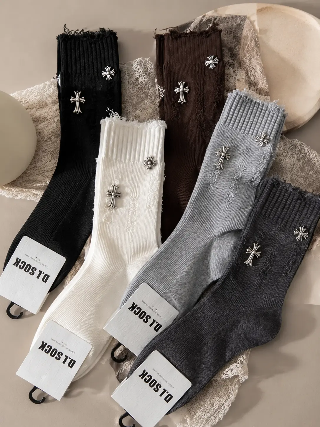 Vintage Cross Metal Decor Distressed Crew Socks, Ripped Frayed Ribbed Mid Calf Socks, Gothic Streetwear Y2K Aesthetic Socks for Men Casual Breathable Comfy Classic