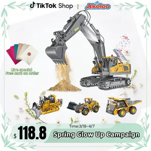 【Gift w/ Personal Touch】Akeleo Hot-Selling Remote-Controlled Excavator Construction Vehicle Set with 9 Channels Rechargeable Batteries Sound & Lighting Effects Birthday Gift for Kids 2.4Ghz Flexible Remote Control Outdoor Toys Fun Play