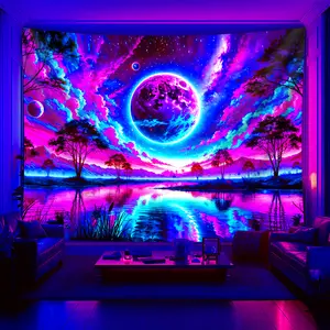 1pc Glow-in-the-Dark Neon Gradient Planet Tapestry - UV Reactive Fluorescent Art, Large Peach Light Beige Fabric Wall Hanging for Bedroom, Party & Festival Decor with Free Hanging Accessories, Home Decoration, Cosmic Design, Durable Material, tiktokshopsp