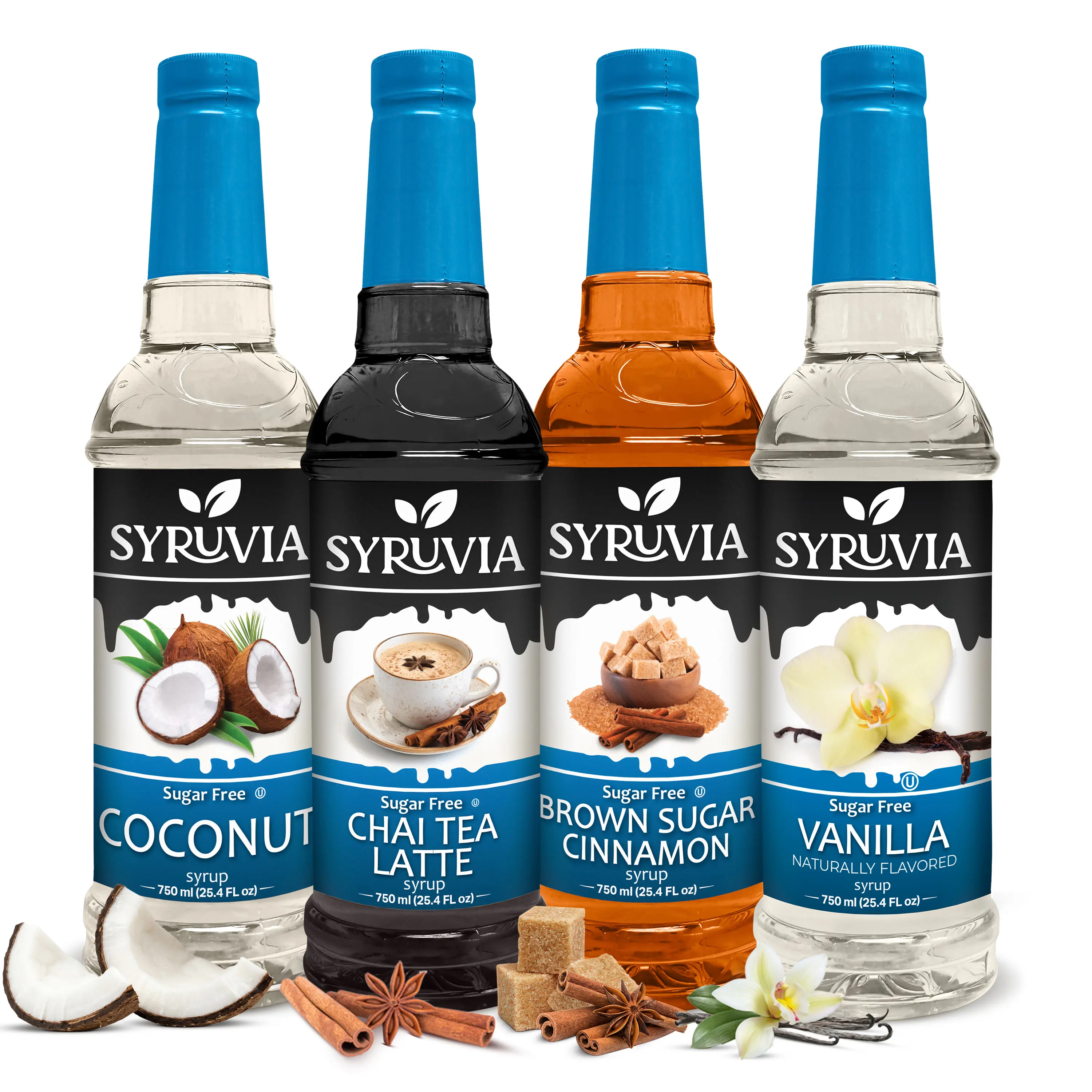 Syruvia Sugar Free Coffee Syrup Variety Pack – Coconut, Chai Tea Latte, Brown Sugar Cinnamon & Vanilla – Kosher, Gluten-Free Syrups for Coffee, Desserts & More – 25.4 fl oz Bottles (4-Pack), Flavor, Sweet