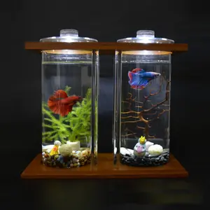 CNCEST Mini Dual Fish Tank with LED Lights 3.5" Square & Cylinder Glass Aquarium Set for Betta/Goldfish, Includes Decor